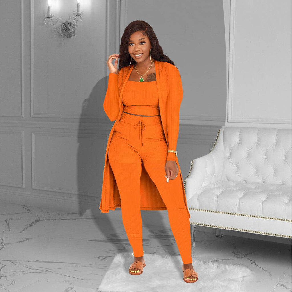 💎 Casual 3-Piece Knit Set – Cropped Top, Long Cardigan & Fitted Pants | Soft, Stretchy & On-Trend 🧶