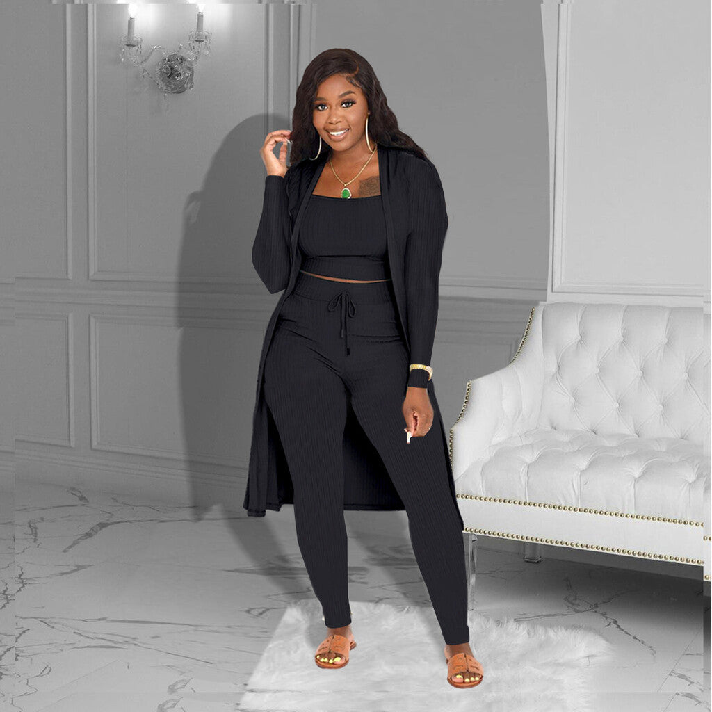 💎 Casual 3-Piece Knit Set – Cropped Top, Long Cardigan & Fitted Pants | Soft, Stretchy & On-Trend 🧶