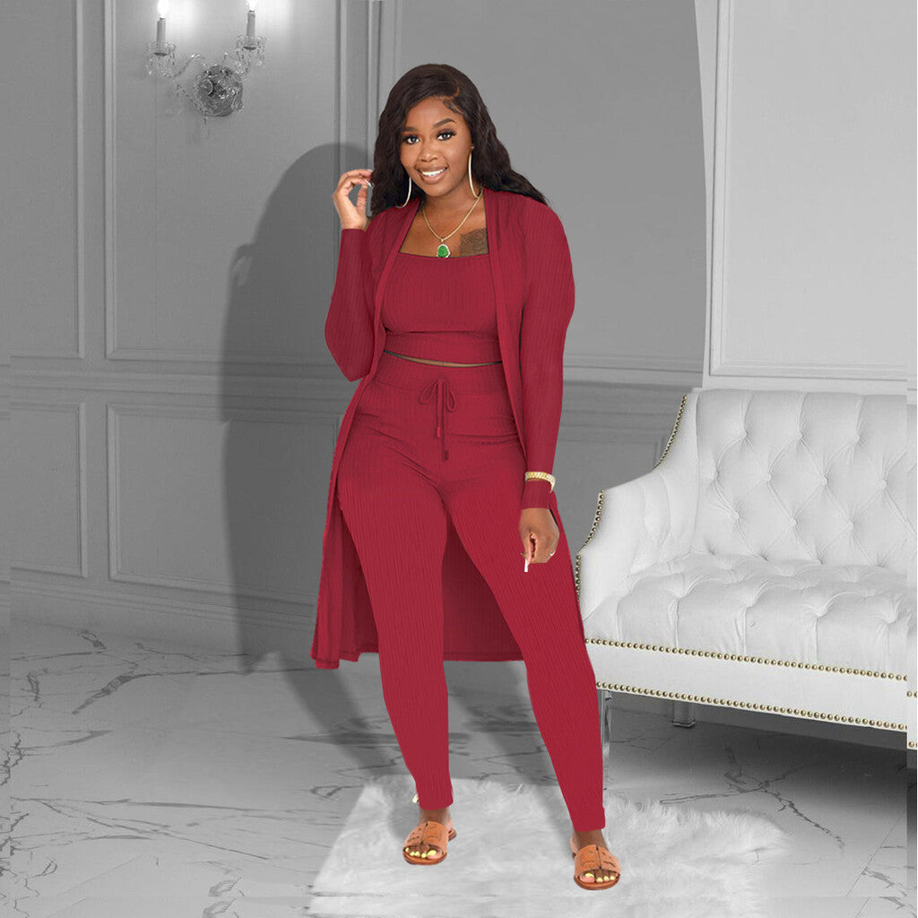 💎 Casual 3-Piece Knit Set – Cropped Top, Long Cardigan & Fitted Pants | Soft, Stretchy & On-Trend 🧶