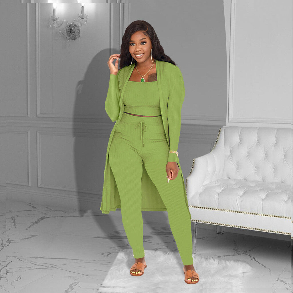 💎 Casual 3-Piece Knit Set – Cropped Top, Long Cardigan & Fitted Pants | Soft, Stretchy & On-Trend 🧶