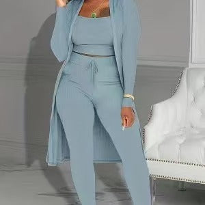 💎 Casual 3-Piece Knit Set – Cropped Top, Long Cardigan & Fitted Pants | Soft, Stretchy & On-Trend 🧶