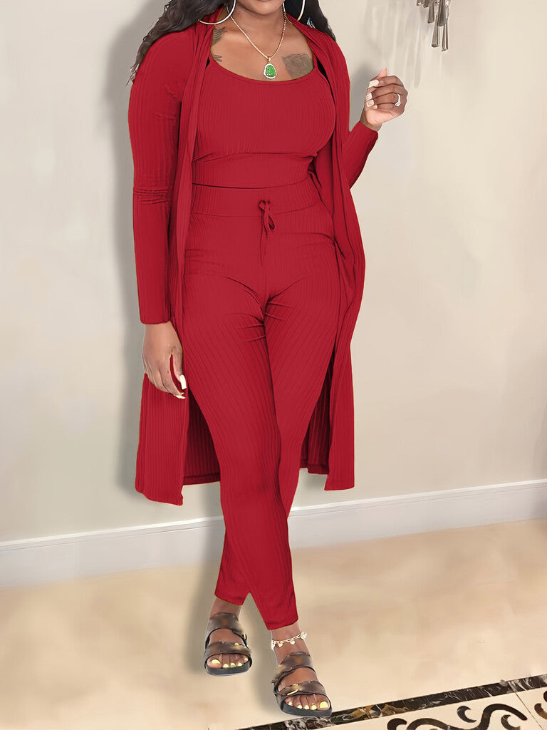 💎 Casual 3-Piece Knit Set – Cropped Top, Long Cardigan & Fitted Pants | Soft, Stretchy & On-Trend 🧶