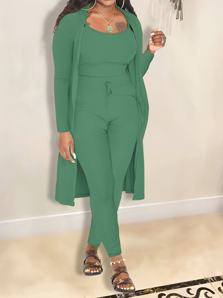 💎 Casual 3-Piece Knit Set – Cropped Top, Long Cardigan & Fitted Pants | Soft, Stretchy & On-Trend 🧶