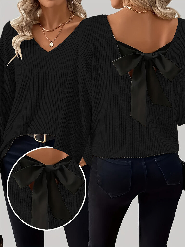 Women's V-neck sweater with elegant back bow
