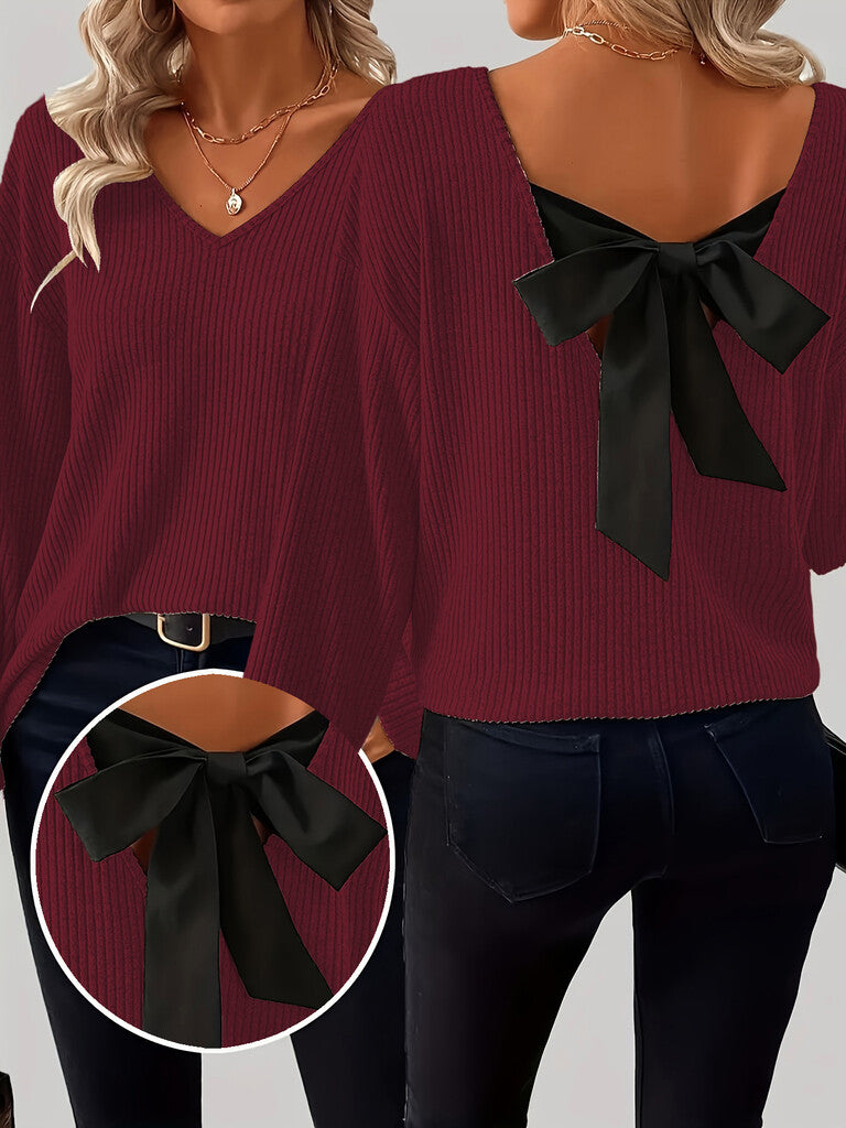 Women's V-neck sweater with elegant back bow