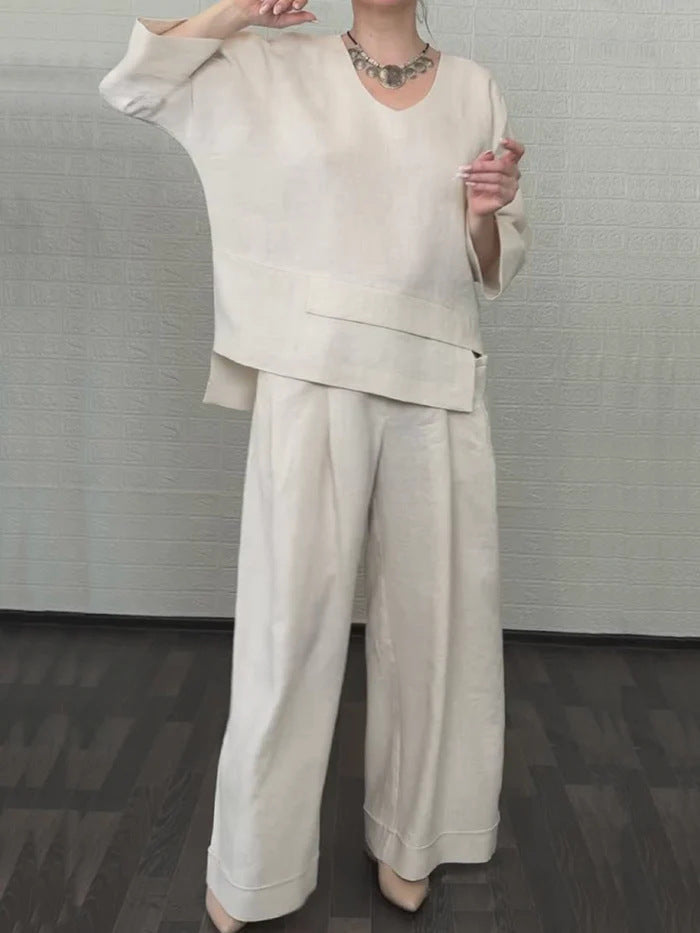 💎 2-Piece Cotton-Linen Set with Irregular Hem – V-Neck Top + Wide-Leg Pants: Breathable & Effortlessly Stylish 🍂👚