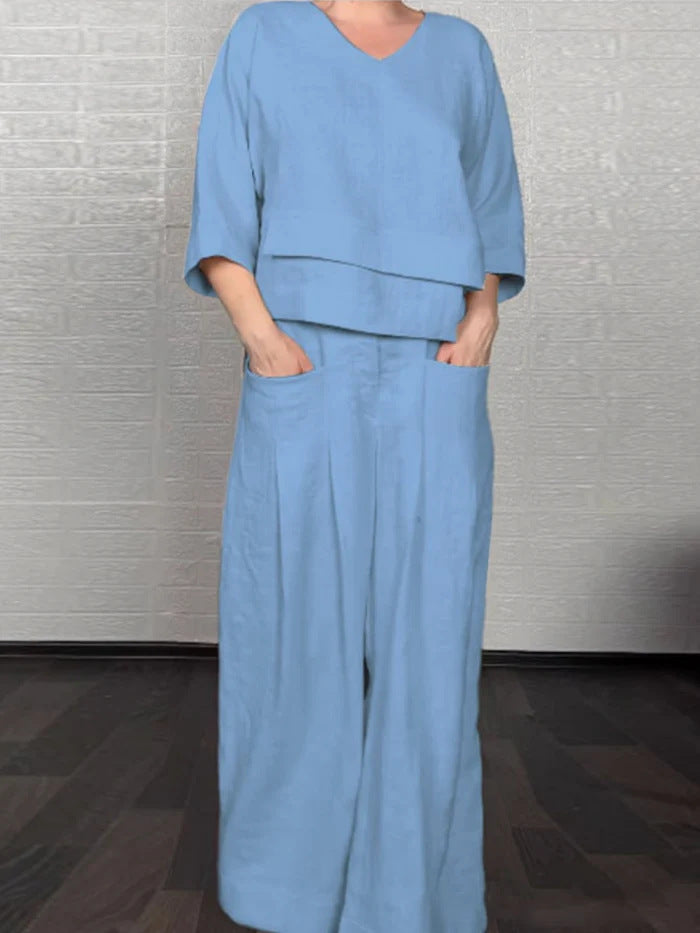 💎 2-Piece Cotton-Linen Set with Irregular Hem – V-Neck Top + Wide-Leg Pants: Breathable & Effortlessly Stylish 🍂👚