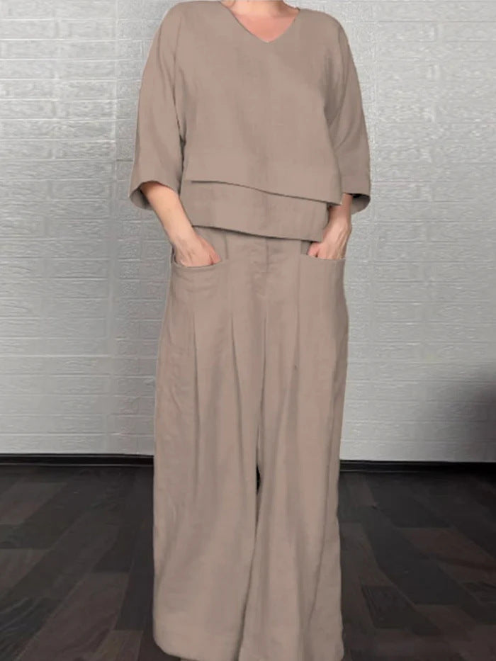 💎 2-Piece Cotton-Linen Set with Irregular Hem – V-Neck Top + Wide-Leg Pants: Breathable & Effortlessly Stylish 🍂👚