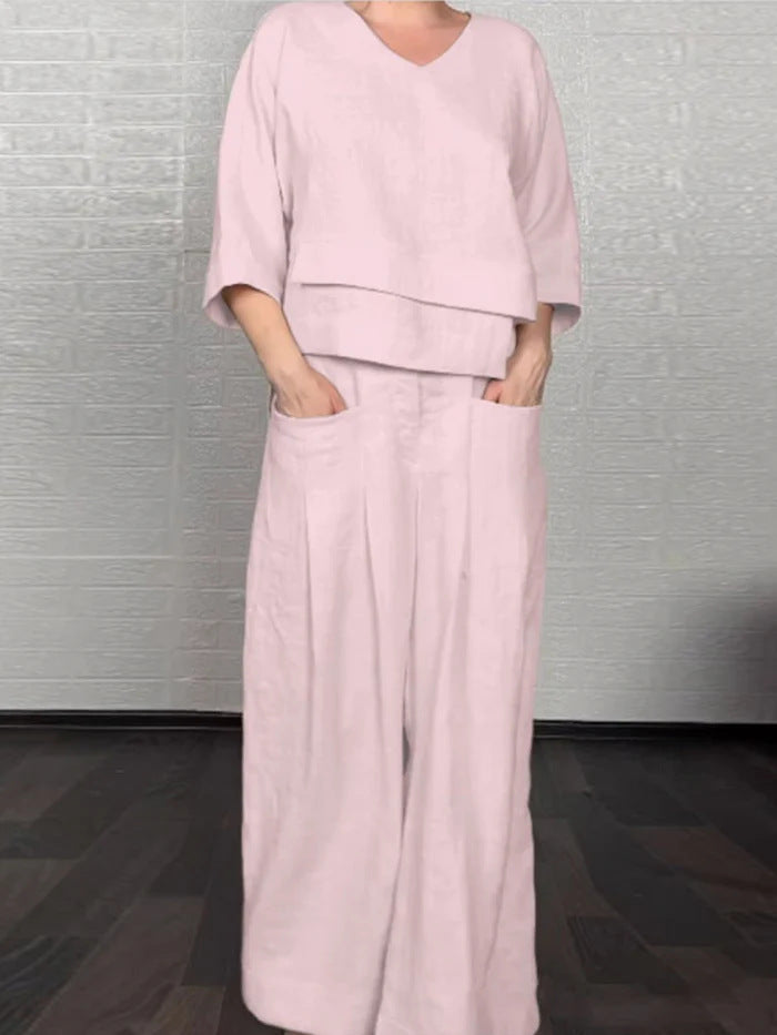 💎 2-Piece Cotton-Linen Set with Irregular Hem – V-Neck Top + Wide-Leg Pants: Breathable & Effortlessly Stylish 🍂👚