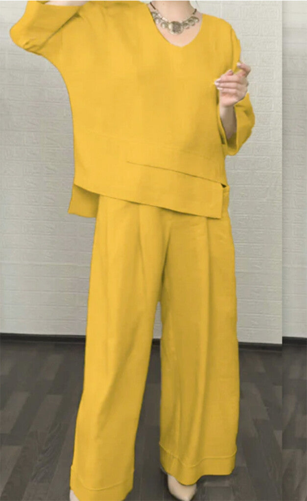 💎 2-Piece Cotton-Linen Set with Irregular Hem – V-Neck Top + Wide-Leg Pants: Breathable & Effortlessly Stylish 🍂👚