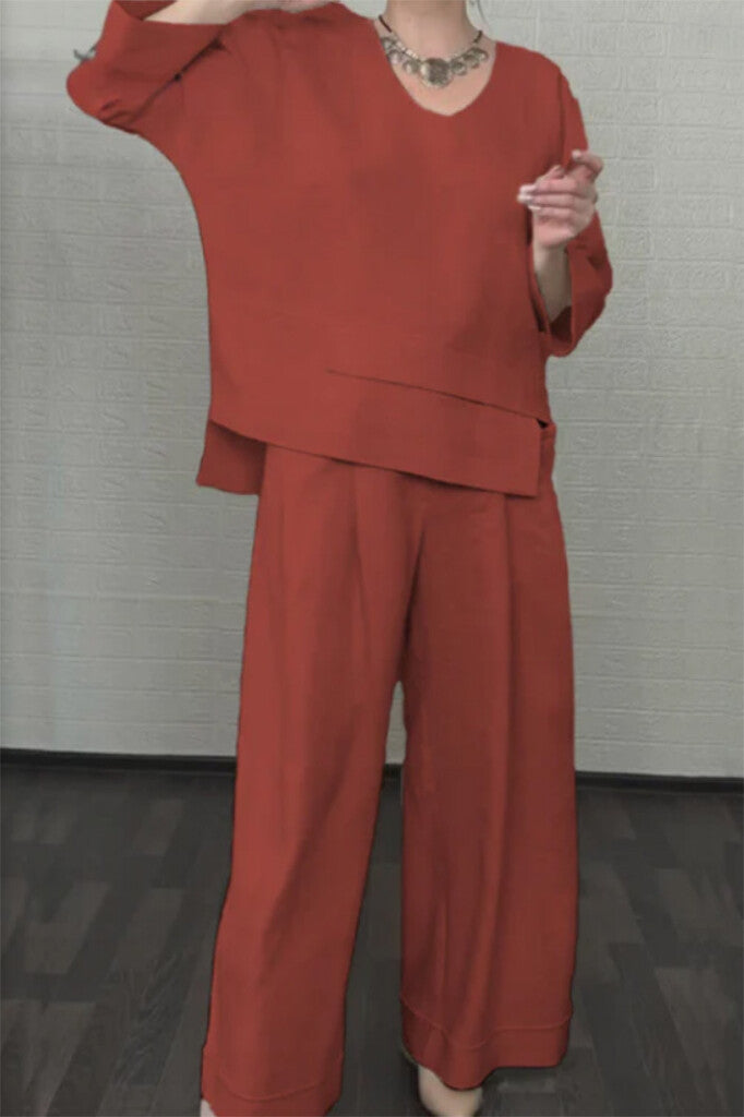 💎 2-Piece Cotton-Linen Set with Irregular Hem – V-Neck Top + Wide-Leg Pants: Breathable & Effortlessly Stylish 🍂👚