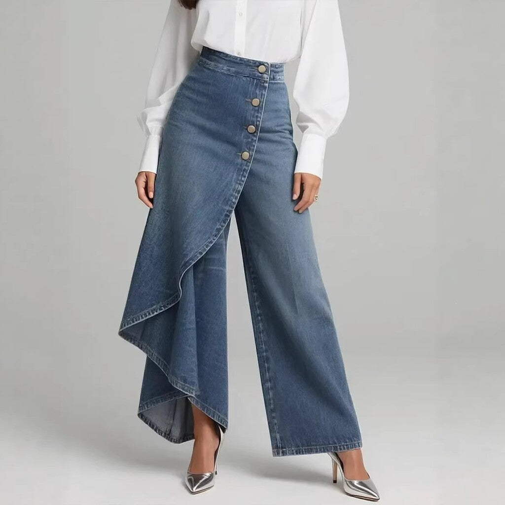 Asymmetrical wrap-style denim skirts and pants