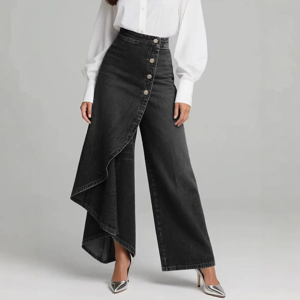 Asymmetrical wrap-style denim skirts and pants