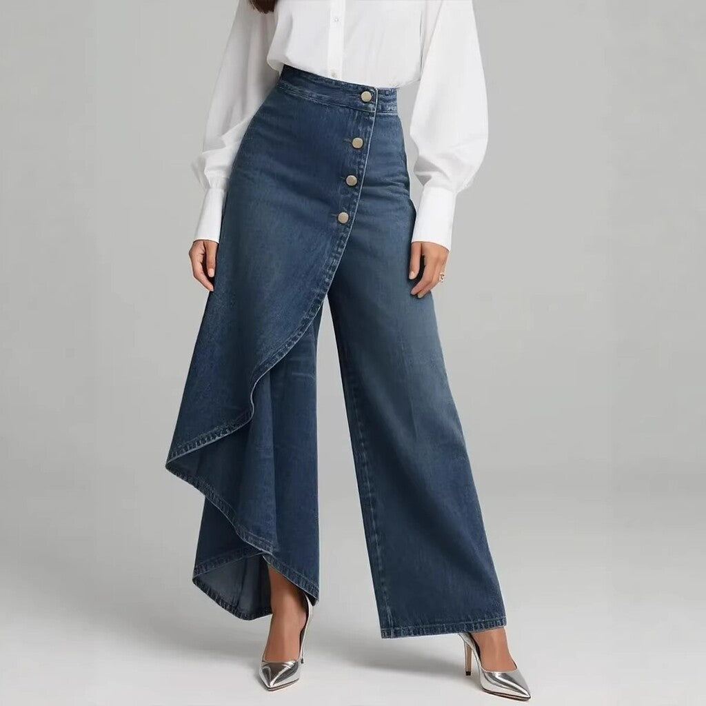 Asymmetrical wrap-style denim skirts and pants
