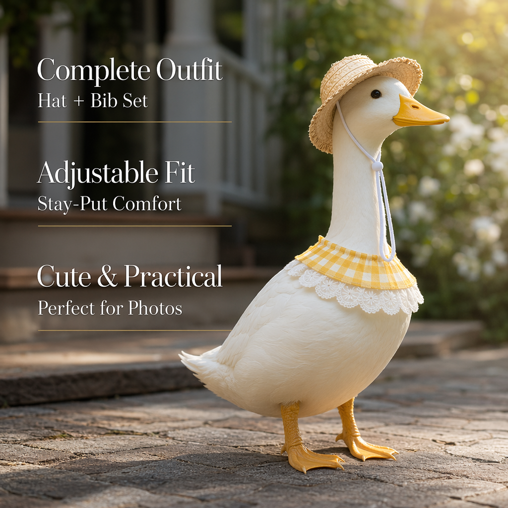 Charming Porch Goose & Pet Costume Set: Straw Hat & Gingham Lace Bib