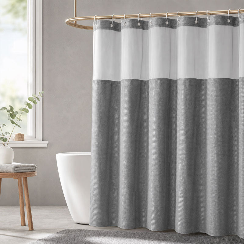 🚿 LIMITED-TIME 50% OFF! ✨ Waffle Pattern Shower Curtain – Double Waterproof, Snap Buttons, Clear Top Window 🛁