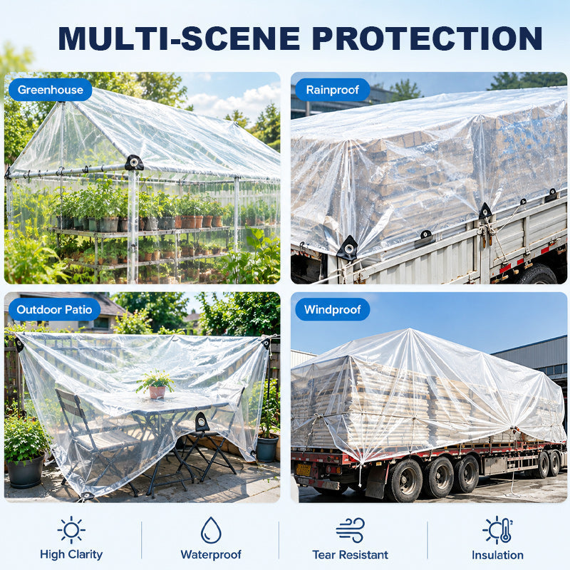 🌧️☀️ Transparent, waterproof PE tarp with reinforced edges for outdoor use