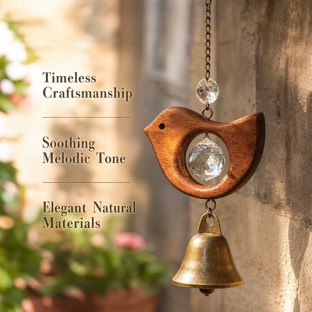 Rustic Wooden Sun Catcher Wind Chime with Crystal Prism & Vintage Bells