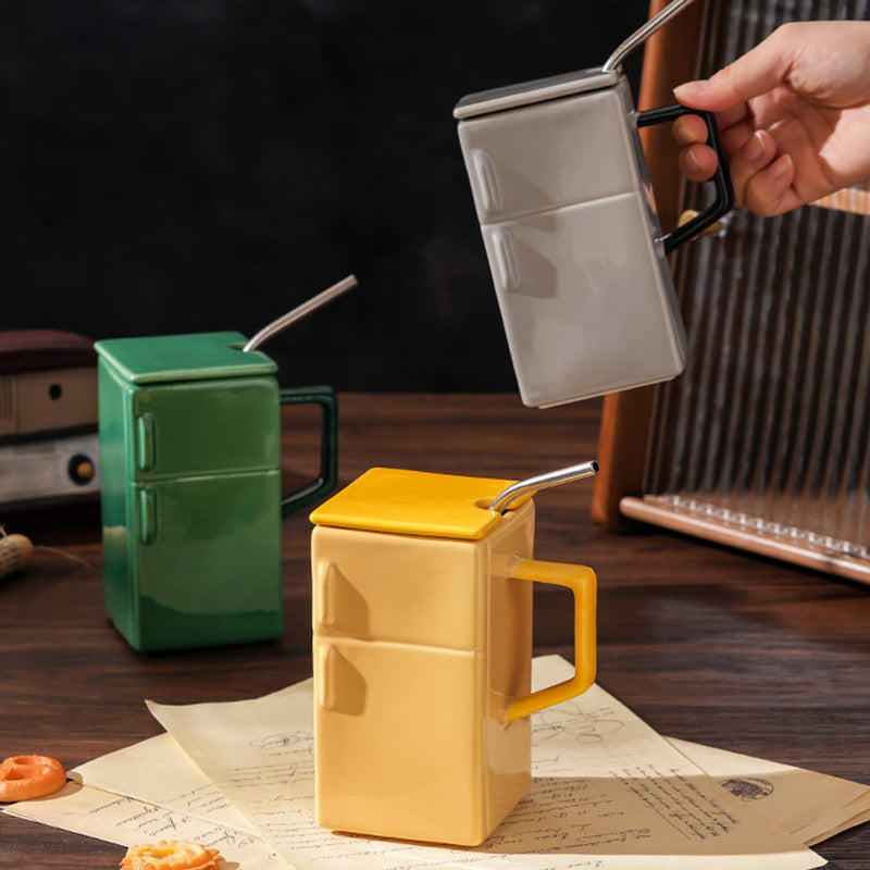 Creative Retro Refrigerator Ceramic Mug with Lid and Straw - Funny Office Couple Gift Coffee Mug