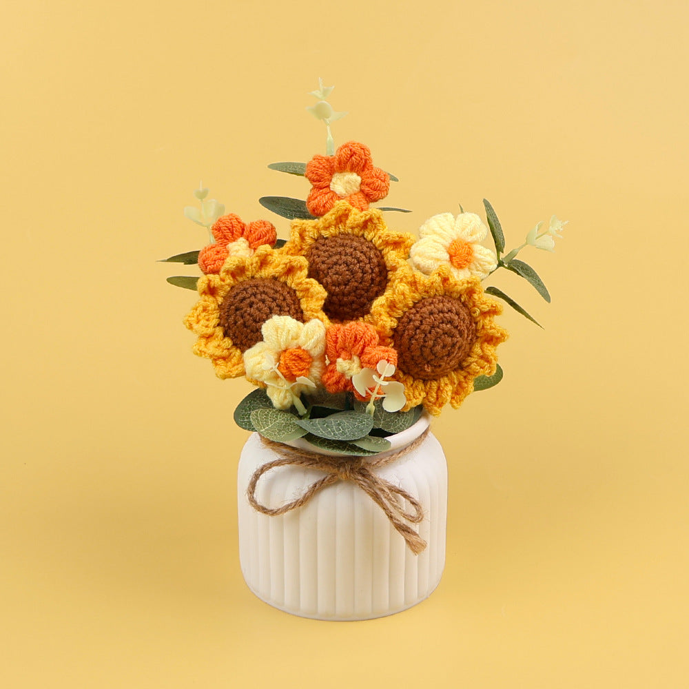 Yarn Sunflower Potted Decor – Simulated Flower Desk Ornament Gift