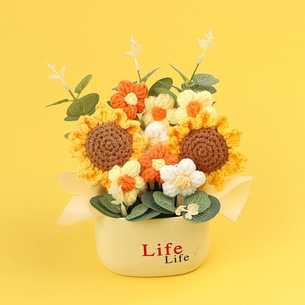 Yarn Sunflower Potted Decor – Simulated Flower Desk Ornament Gift
