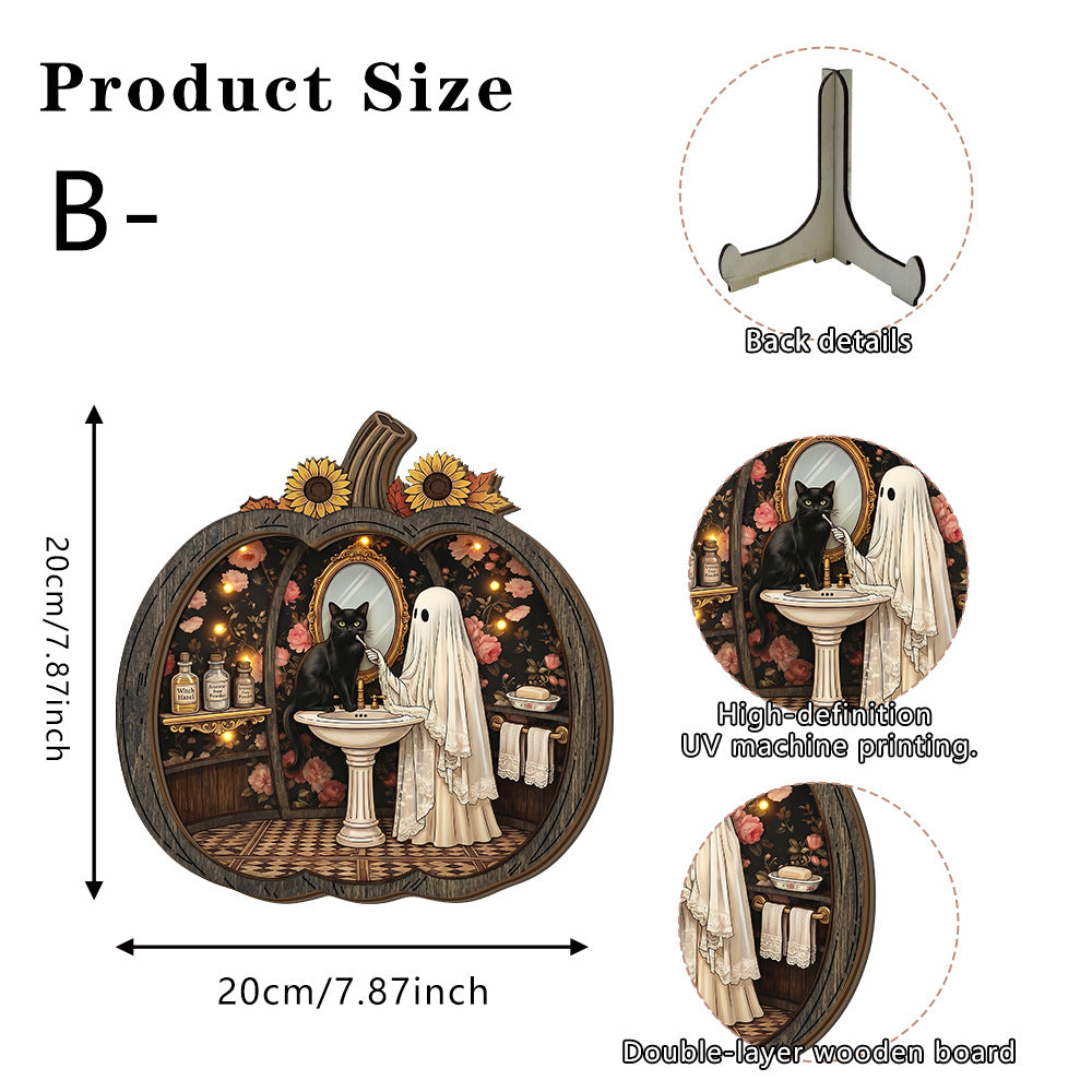 👻 Enchanting Halloween Ghost Pumpkin Decor | Cozy Wooden Tabletop Ornament with Charming Scenes