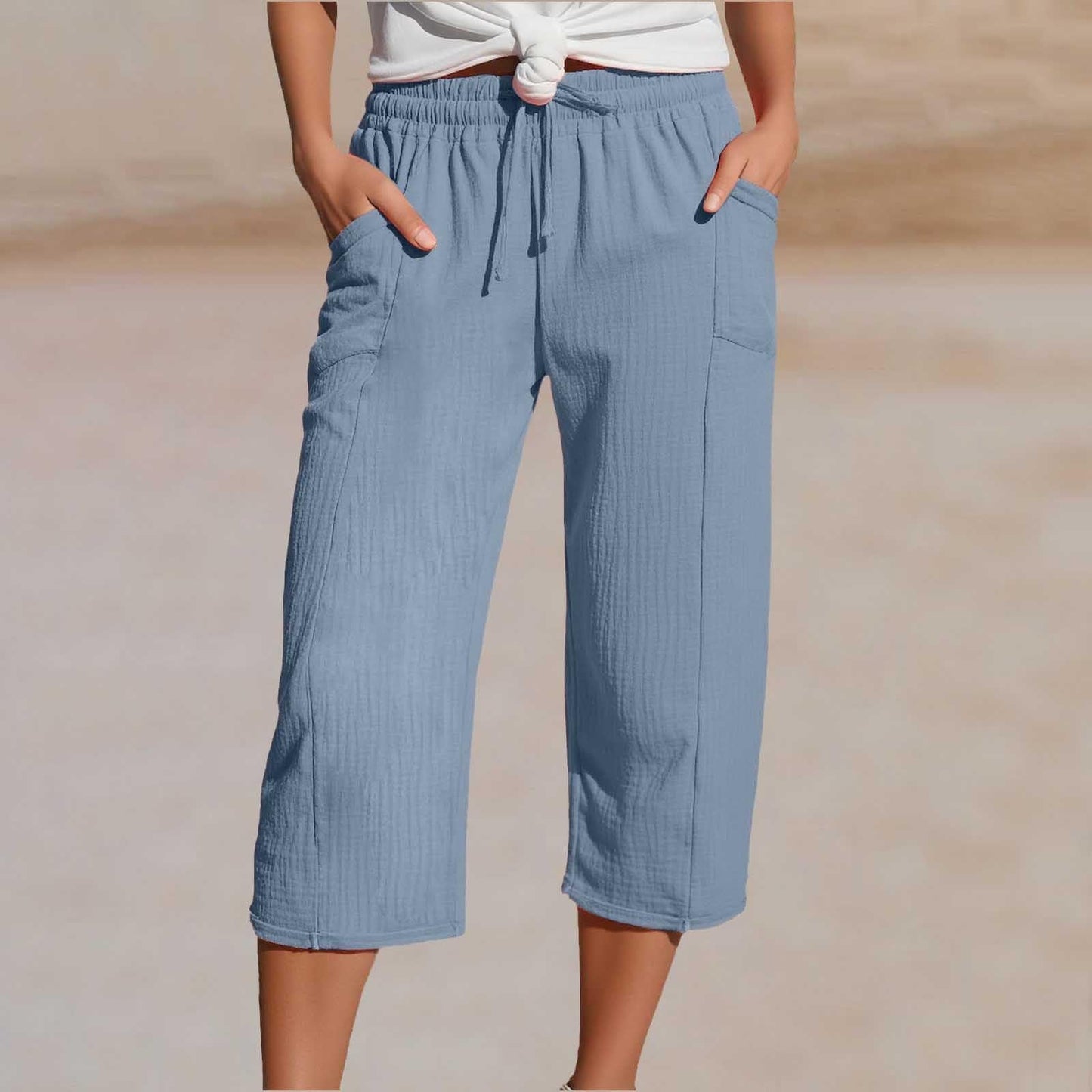 Women's plain-coloured pleated cotton and linen short