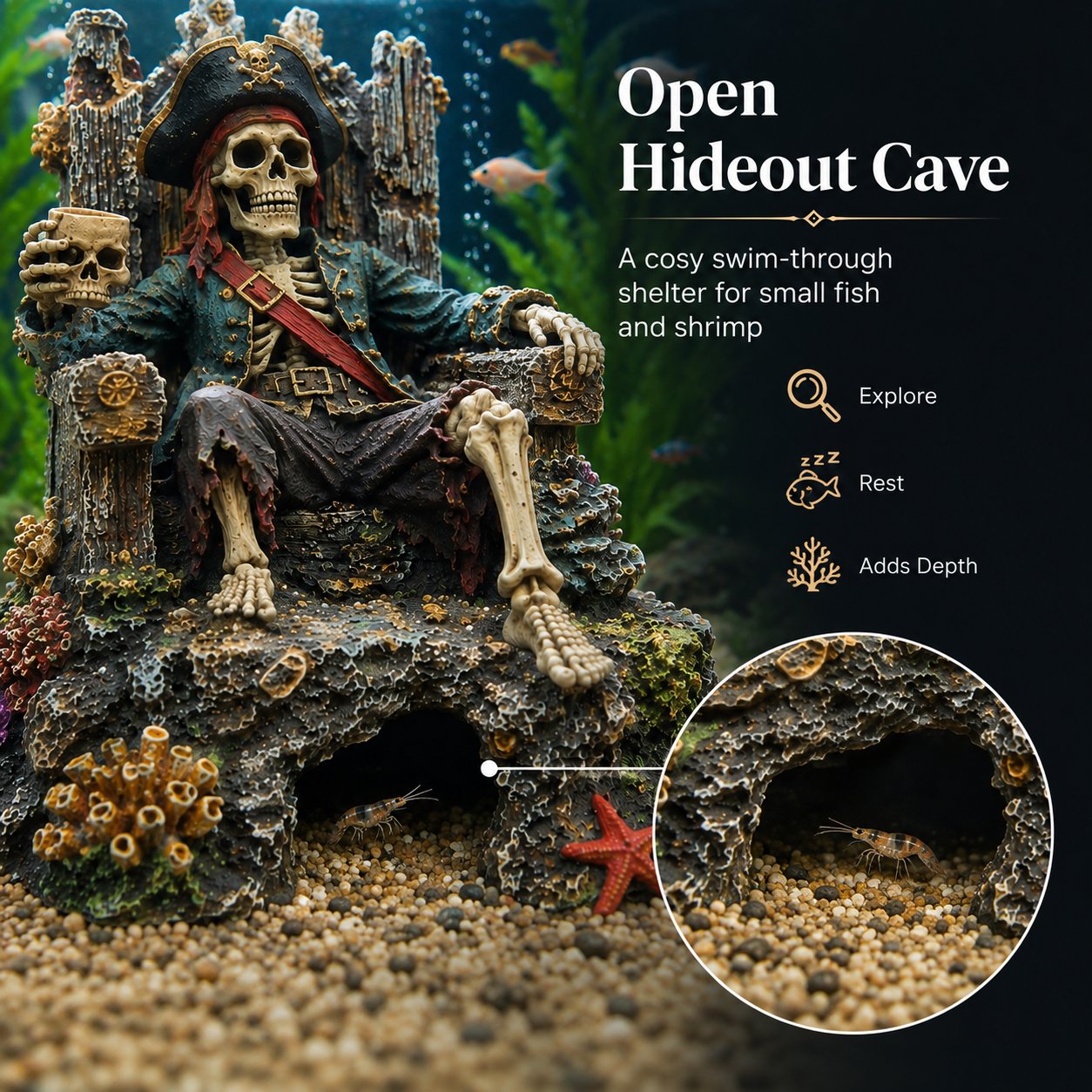 🌊☠️Underwater Pirate Skeleton Throne Aquarium Hideout Cave Decor
