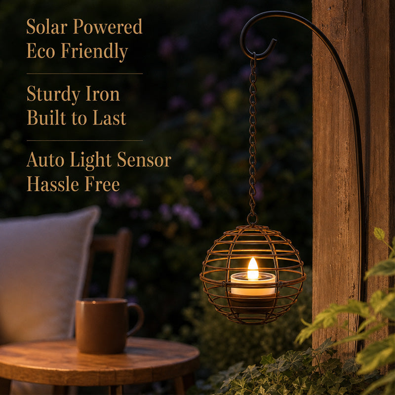 Solar Powered Spherical Candle Lanterns - Metal Hanging Lights for Garden & Patio Decor