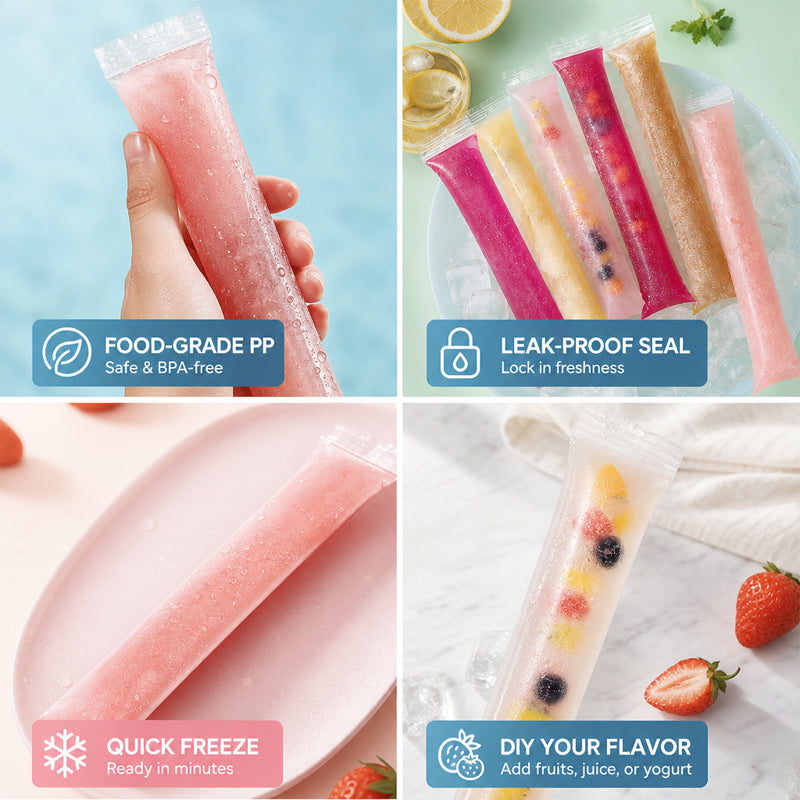 Disposable Ice Pop Bags - DIY Homemade Ice Popsicle Molds - Food Grade Self-Sealing Bags