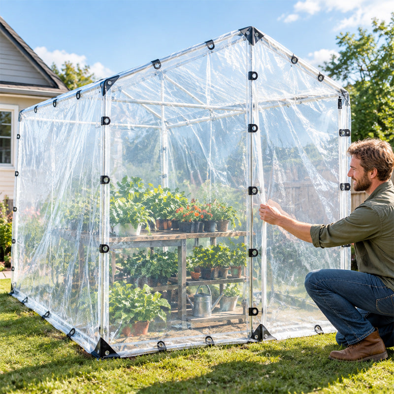 🌧️☀️ Transparent, waterproof PE tarp with reinforced edges for outdoor use