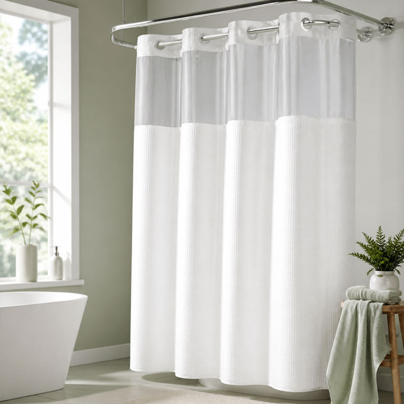 🚿 LIMITED-TIME 50% OFF! ✨ Waffle Pattern Shower Curtain – Double Waterproof, Snap Buttons, Clear Top Window 🛁