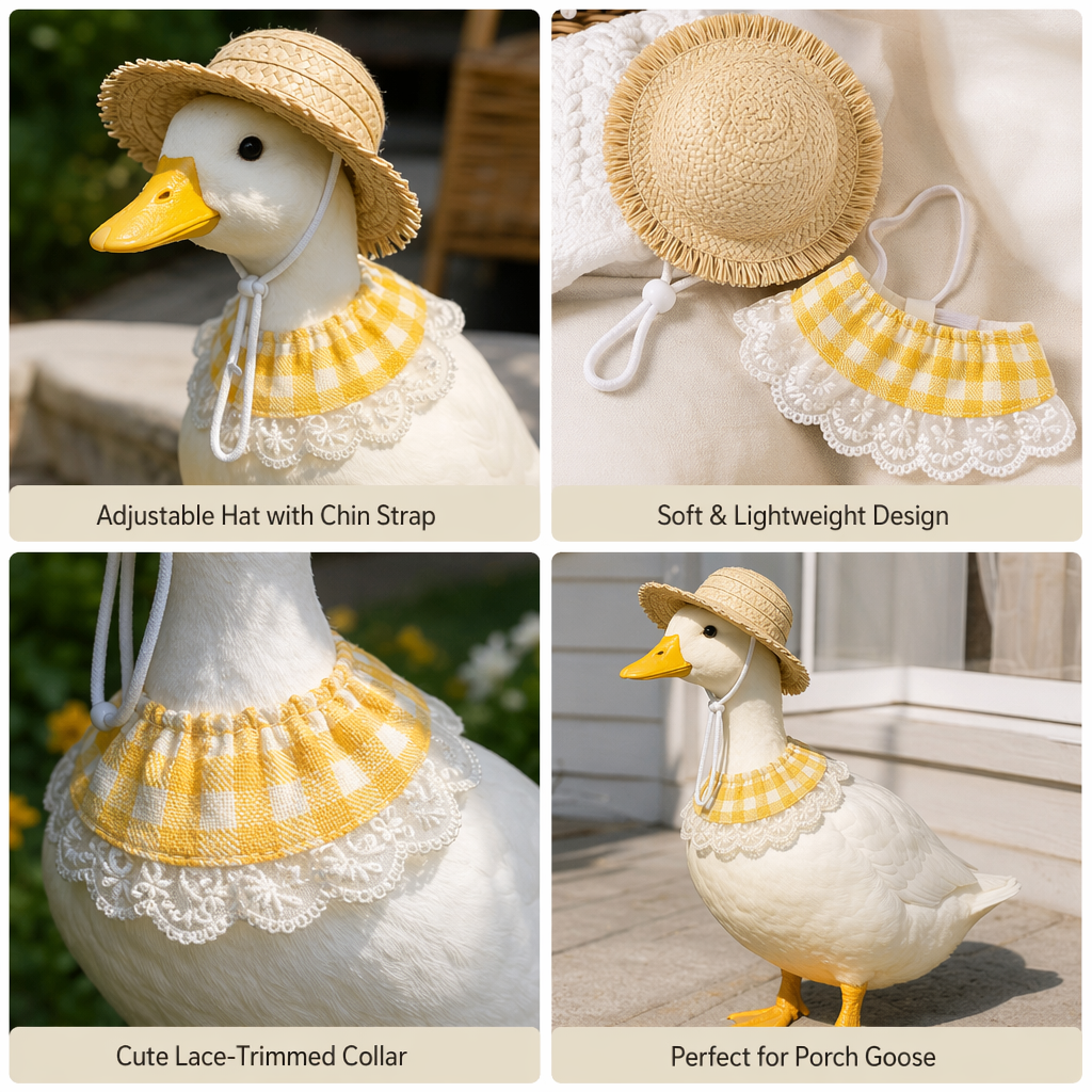 Charming Porch Goose & Pet Costume Set: Straw Hat & Gingham Lace Bib
