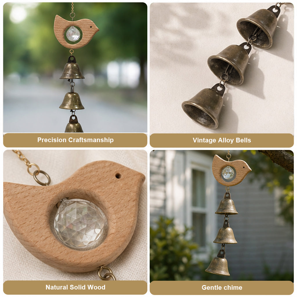 Rustic Wooden Sun Catcher Wind Chime with Crystal Prism & Vintage Bells