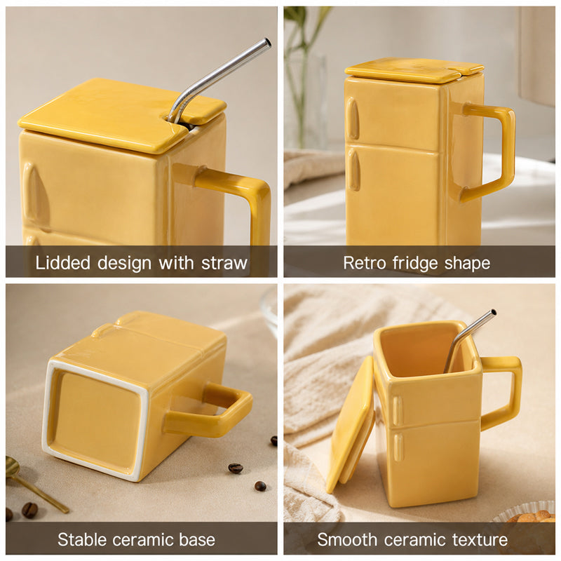 Creative Retro Refrigerator Ceramic Mug with Lid and Straw - Funny Office Couple Gift Coffee Mug