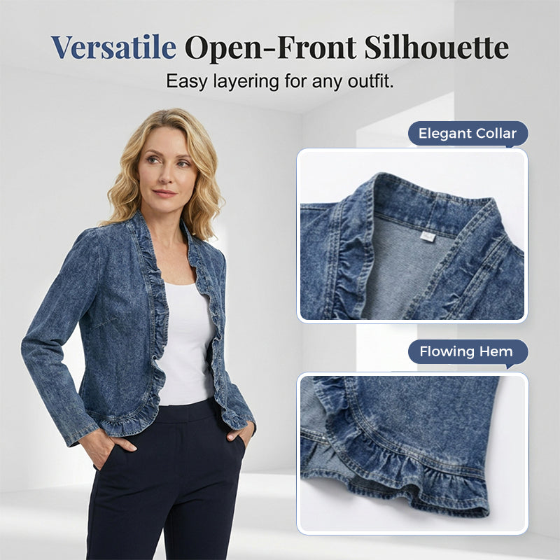🧥 LIMITED-TIME 50% OFF! ✨ Women's Denim Jacket – Open-Front, Ruffle Trim, Lightweight, Classic Wash ✨