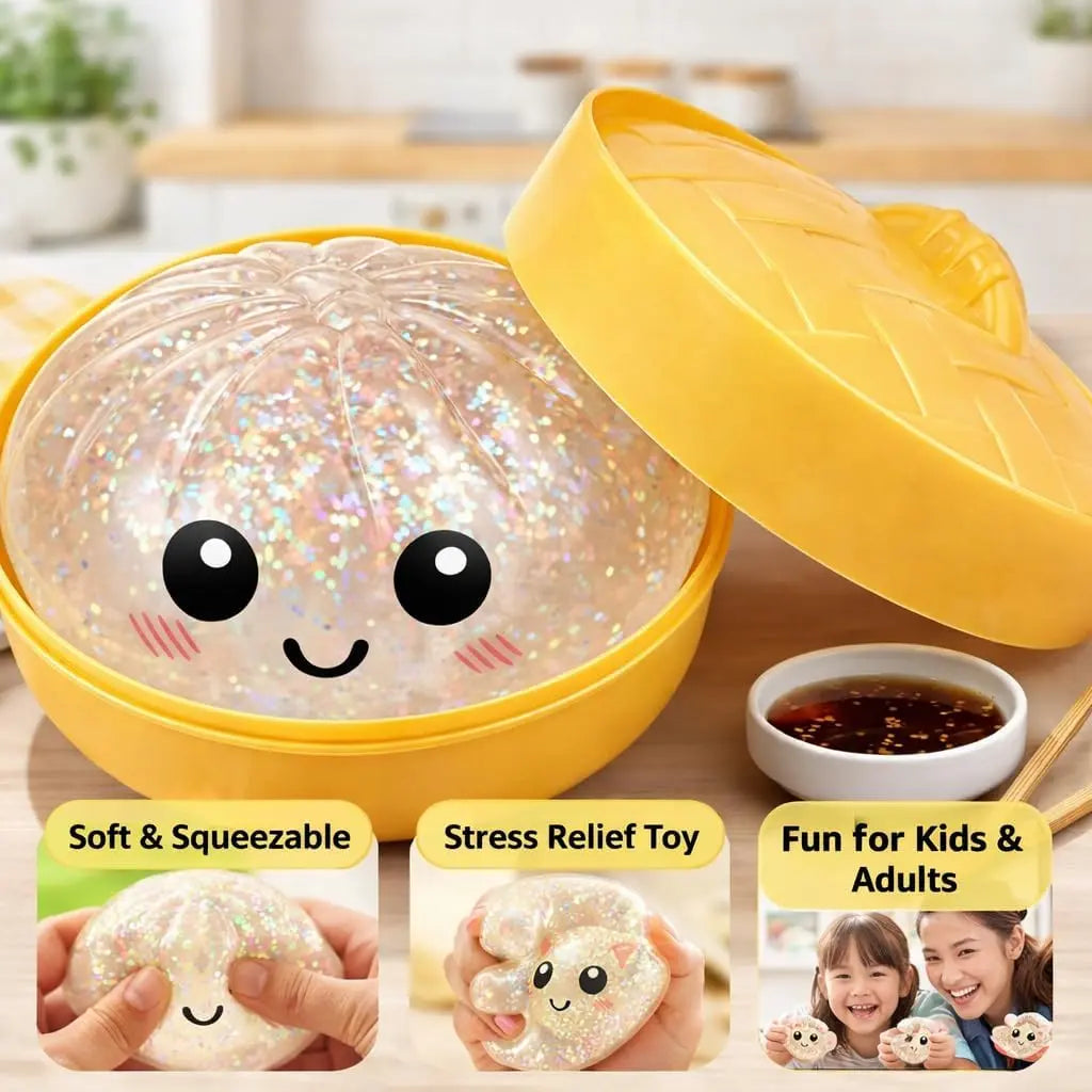 Glitter Dumpling Squishy Box - Cute Anxiety Relief Fidget Toy, with Steamer Box