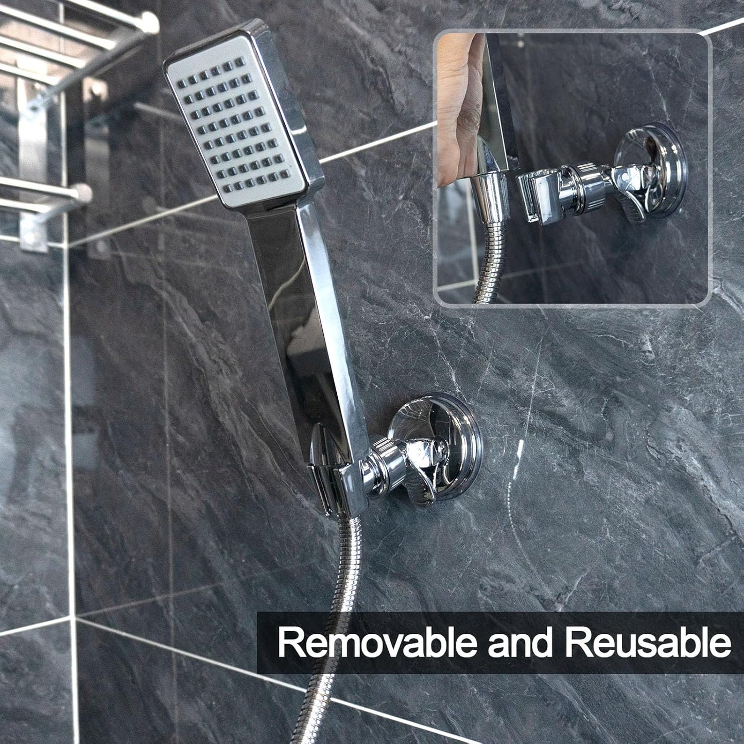 Adjustable shower head holder - Detachable shower head holder with suction cup - Drill-free shower head holder