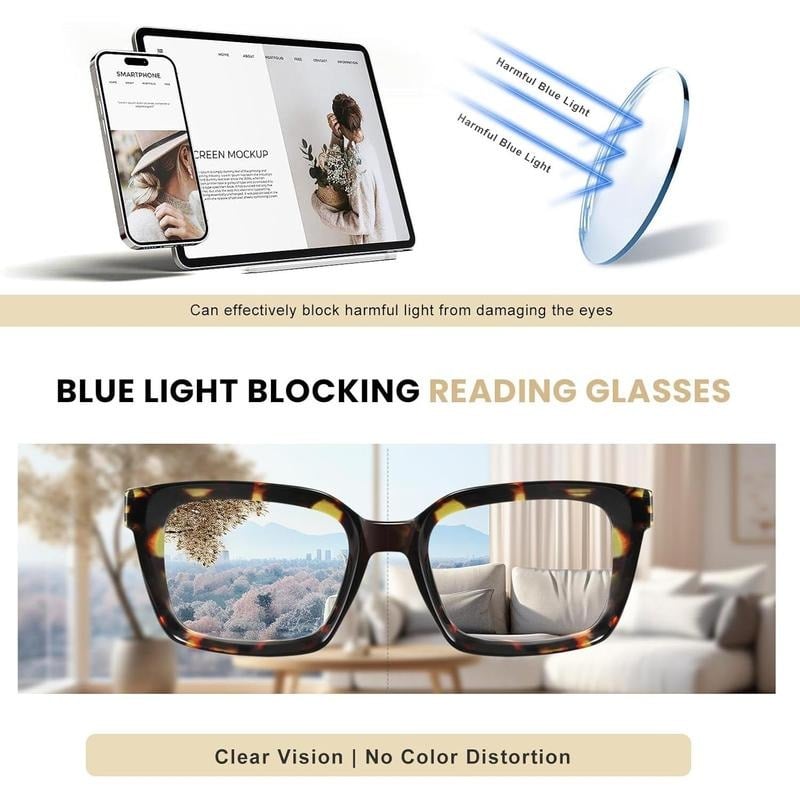 👓3 Pack Tortoiseshell Reading Glasses - Blue Light Blocking Oversized Square Reader