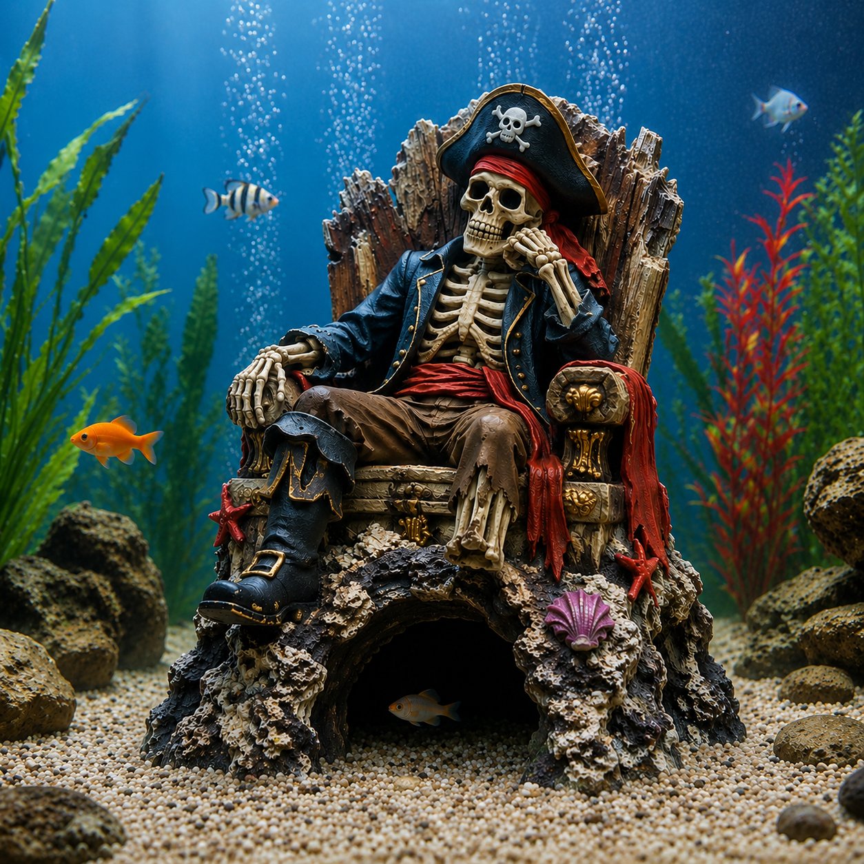 🌊☠️Underwater Pirate Skeleton Throne Aquarium Hideout Cave Decor