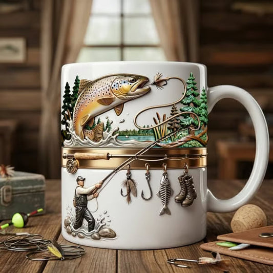 Ceramic coffee mug with fishing theme