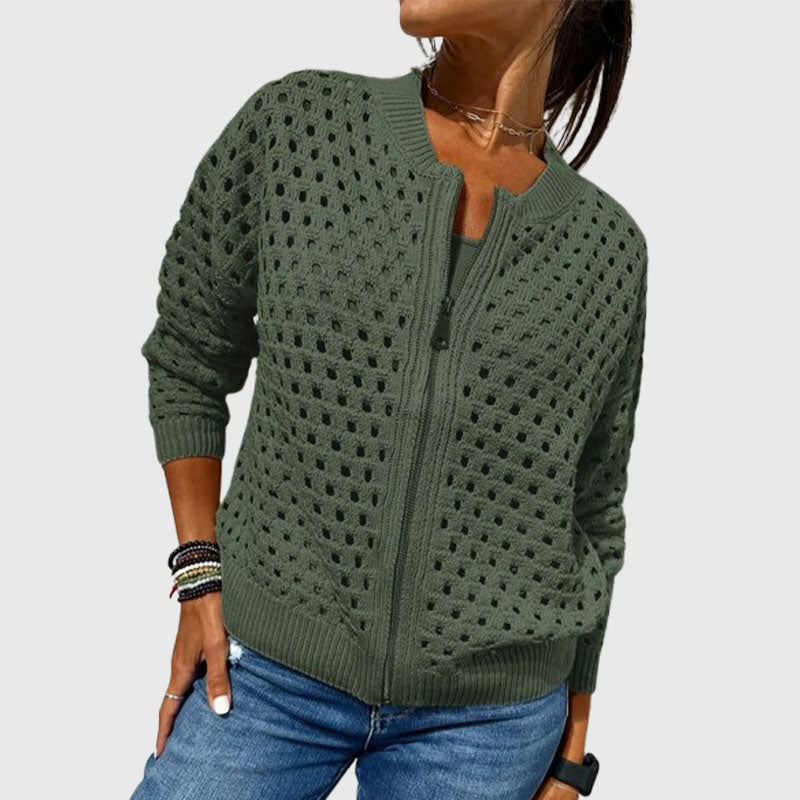 Women's Casual Zipper Knit Jacket with Hollow Design