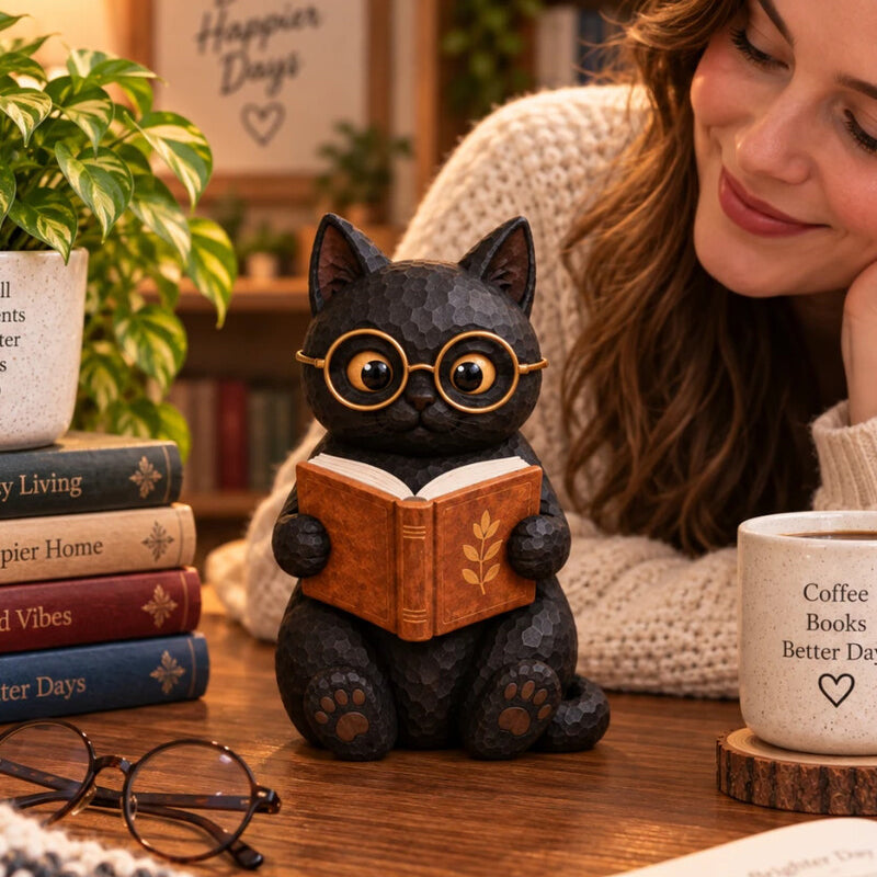 Reading Cat Figurine