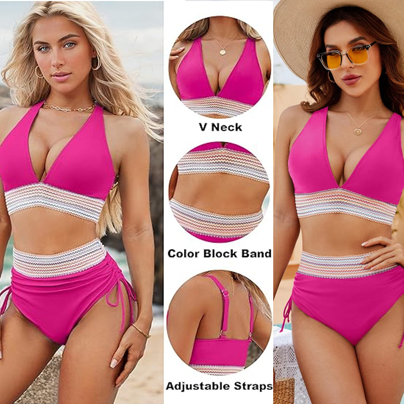 High-waisted tummy control bikini set in color-blocked colors