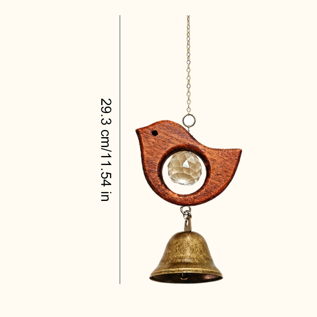 Rustic Wooden Sun Catcher Wind Chime with Crystal Prism & Vintage Bells