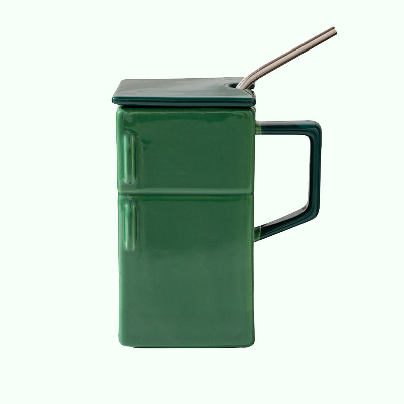 Creative Retro Refrigerator Ceramic Mug with Lid and Straw - Funny Office Couple Gift Coffee Mug
