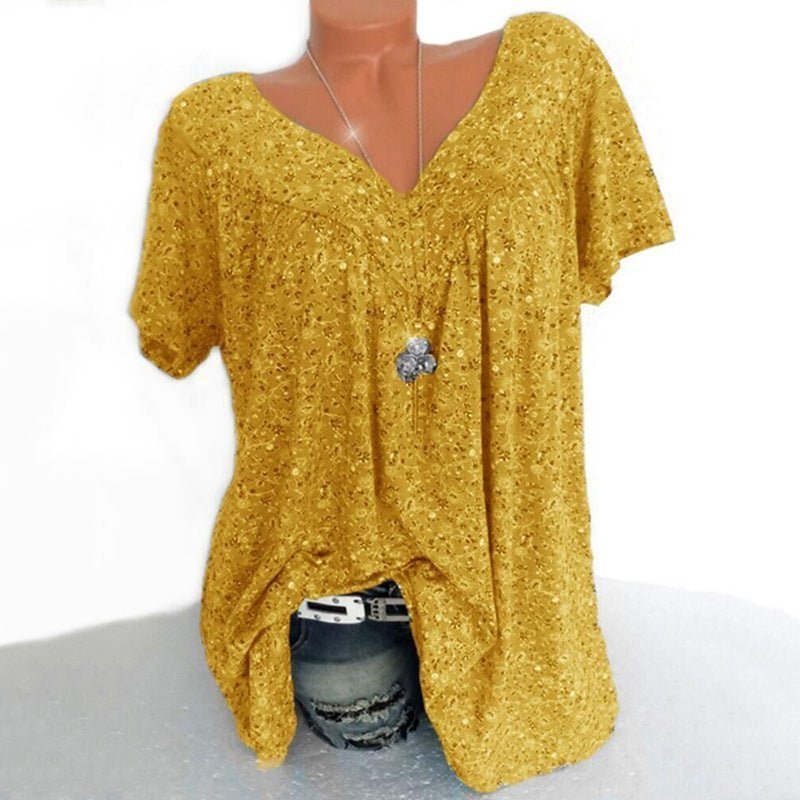 🍃 Spring Fashion: V-Neck Printed Short-Sleeve Top