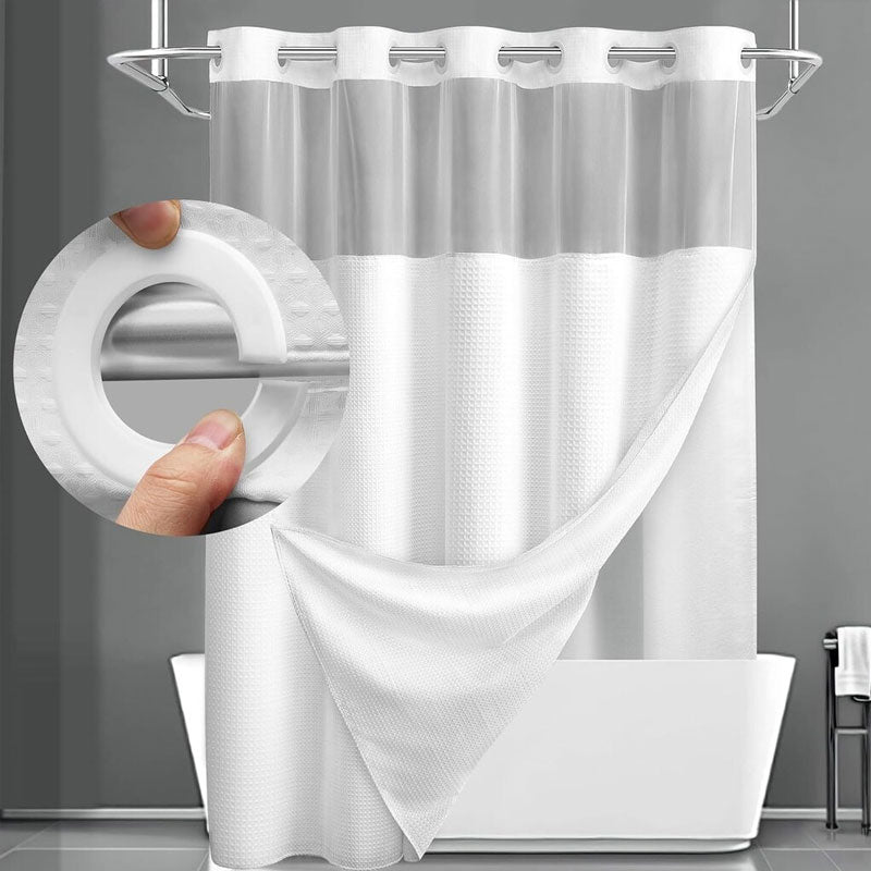 🚿 LIMITED-TIME 50% OFF! ✨ Waffle Pattern Shower Curtain – Double Waterproof, Snap Buttons, Clear Top Window 🛁
