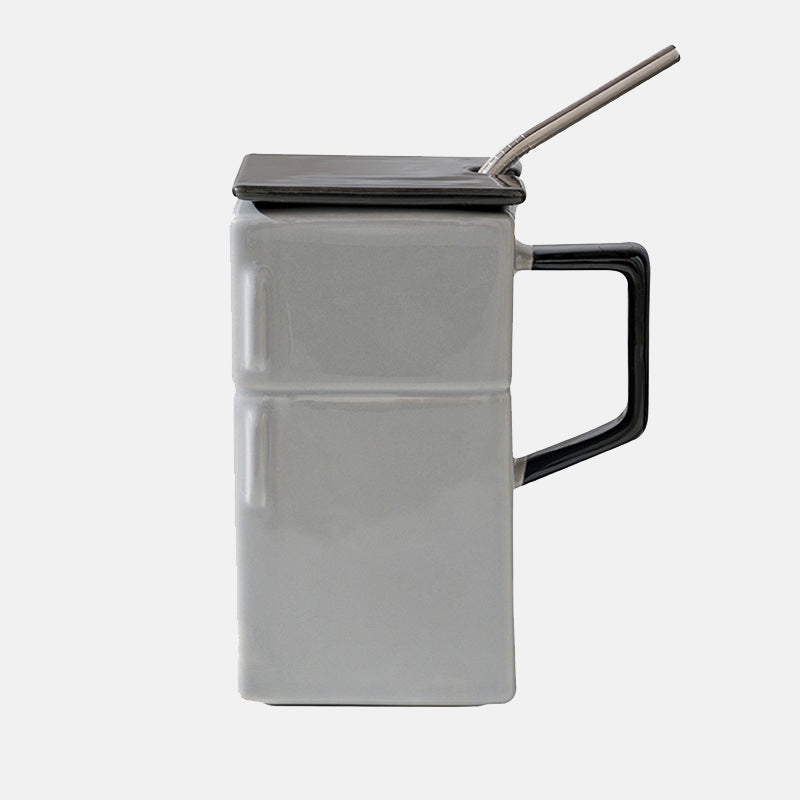 Creative Retro Refrigerator Ceramic Mug with Lid and Straw - Funny Office Couple Gift Coffee Mug