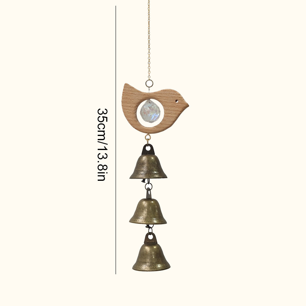 Rustic Wooden Sun Catcher Wind Chime with Crystal Prism & Vintage Bells